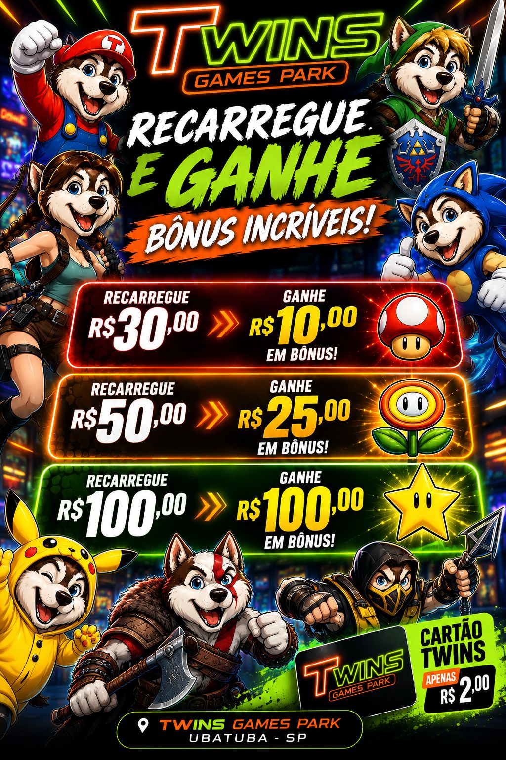 Promoção Recarregue e Ganhe da Twins Games Park com bônus de recarga